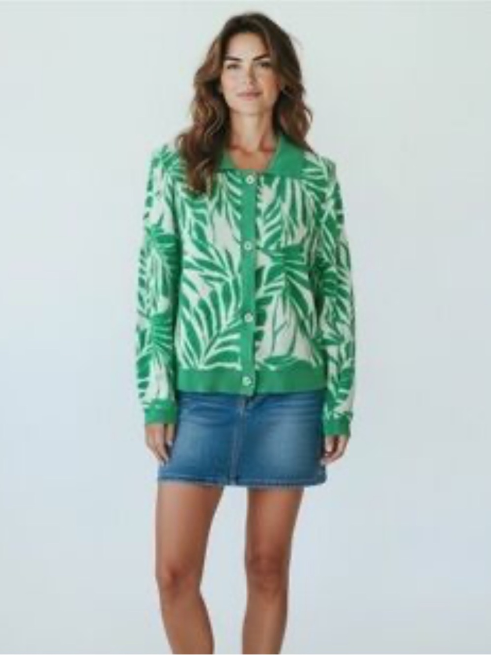 Cynthia Rowley Green Tropical Palm Leaf Tufted Knit Button Up Cardigan Sweater